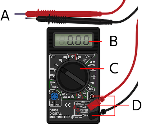 Figure 3: A digital multimeter with its probes and front panel: probes (A), display panel (B), selection knob (C),  and ports (C).