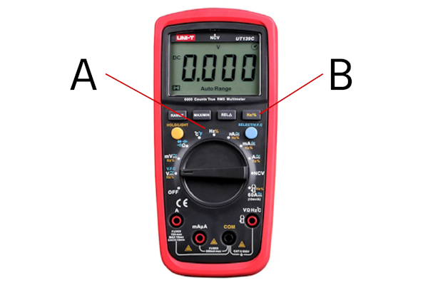 Réglez le cadran du multimètre sur la fréquence (A) et appuyez sur le bouton Hz/% (B)