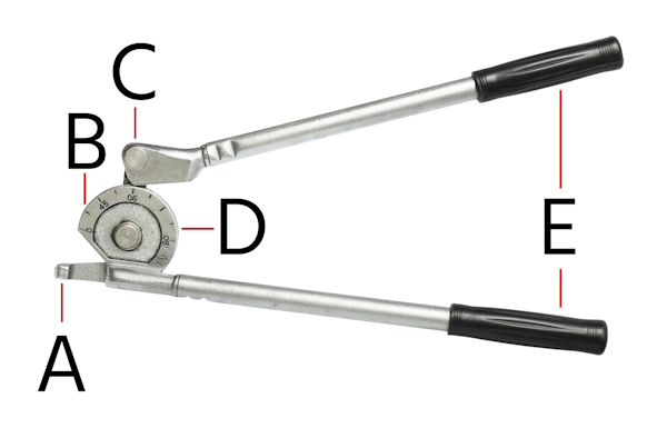 Une cintreuse de tubes double : forme (A), pince de maintien (B), poignées (C), marqueurs d'angle de forme (D) et marqueurs d'angle de poignée (E).