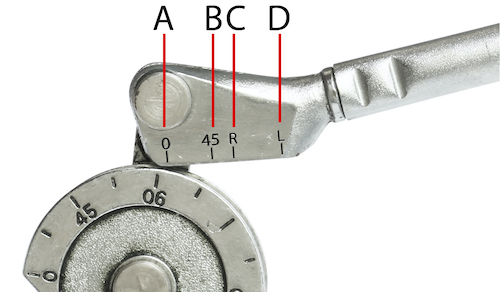 Les marqueurs d'angle de la poignée d'une cintreuse double : 0, qui s'aligne avec le 0 de la forme (A) ; 45, pour faire des coudes à 45° (B) ; R, pour faire des coudes supérieurs à 90° (C) ; et L, pour faire des coudes à 90° (D).