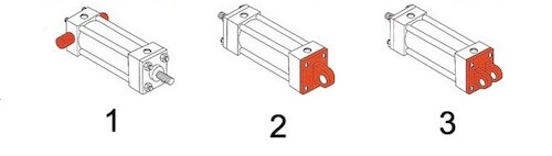 Common Fixed Pivot mounting styles and their accessories: trunnion mount (1) and clevis mount (2 & 3)