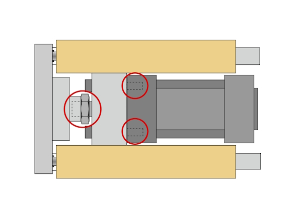 El extremo del vástago del pistón se conecta a la unidad de guía del cilindro mediante una conexión roscada hembra y pernos (marcados en rojo)