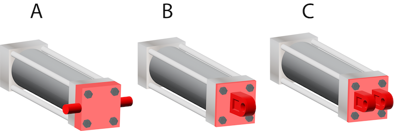 Common fixed pivot mounting styles: trunnion mount (A) and clevis mount (B & C).