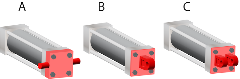 Estilos comunes de montaje de pivote fijo: montaje de muñón (A) y montaje de horquilla (B y C).