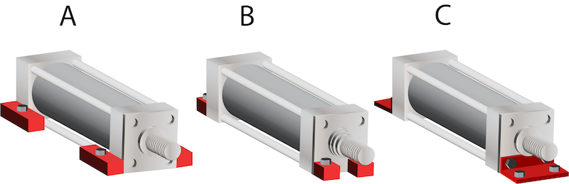 Estilos comunes de montaje desplazado: montaje lateral (A) y montaje de pie (B y C).