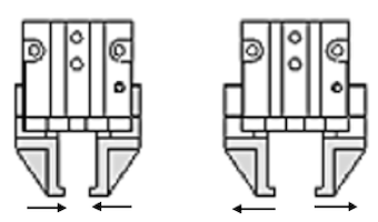Pinces pneumatiques parallèles en fermeture (gauche) et en ouverture (droite)