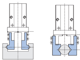 Types de pinces pneumatiques en fonction du mécanisme de préhension : préhension interne (à gauche) et préhension externe (à droite)