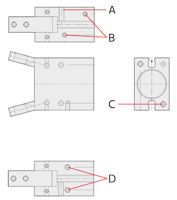 Mounting options for 2 finger angular gripper: 1, 2, 3: mounting holes and 4: air-port