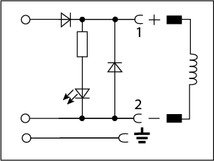 Diagramme de câblage de la protection du pôle, de la diode de roue libre et de la LED
