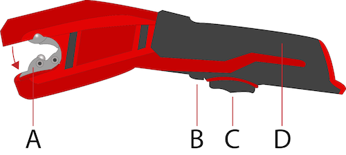 Power pipe cutter: jaws with wheel blade (A), control switch (B), power button (C), and handle grip (D)