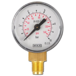 An air pressure gauge with steel/brass housing