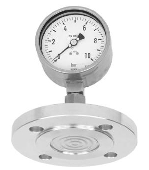 Left: Operating principle of diaphragm pressure gauge: pointer (A), pressure inlet (B), link (C), & diaphragm (D) Right: Diaphragm type pressure gauge