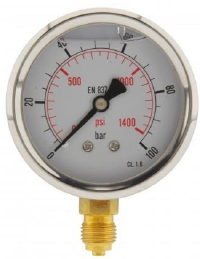 A glycerin-filled hydraulic pressure gauge with steel/brass housing.