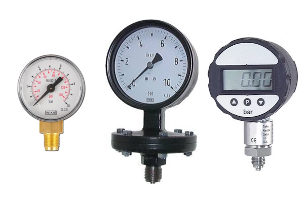 A Bourdon pressure gauge (left), a diaphragm pressure gauge (center), and a digital pressure gauge (right).