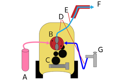 Principales parties d'un nettoyeur haute pression électrique : Entrée de détergent (A), pompe à eau (B), moteur électrique (C), vanne à bille (D), sortie haute pression (E), clapet anti-retour (F), et robinet (G). L'image ne montre pas d'autres parties, comme un filtre en ligne et des vannes de décharge.