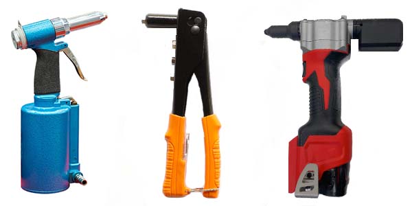 From left to right: pneumatic rivet gun, manual rivet gun, and an electric rivet gun