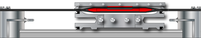 Un vérin sans tige fendu piston à support (rouge) connexion mécanique avec des bandes (gris)