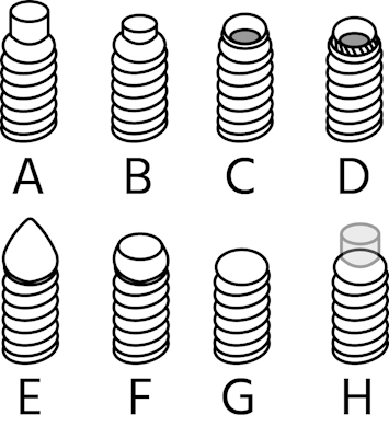 Dog punt (A), halve dog punt (B), cup punt (C), gekartelde cup punt (D), cone punt (E), platte punt (F), ovale punt (G) en nylon punt (H)