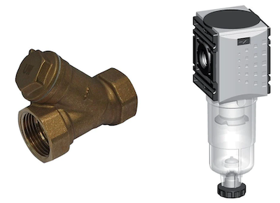 Un filtro en Y(izquierda) y un filtro neumático (derecha) utilizados para mantener las partículas peligrosas fuera de una electroválvula.