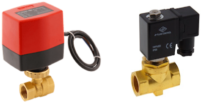 An electric ball valve (left) and a solenoid valve (right)