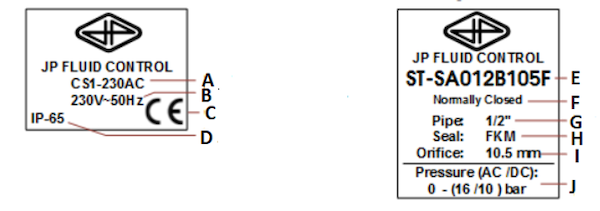 Placas de identificación de la bobina (izquierda) y de la válvula (derecha) en una electroválvula JP Fluid Control