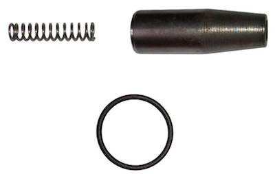 Gemeenschappelijke onderdelen van een revisieset voor magneetventielen: plunjerveer, plunjer en o-ring.