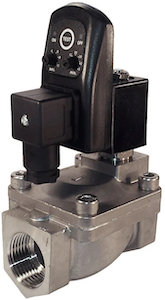 A stainless steel 2/2 solenoid valve with a mounted timer.