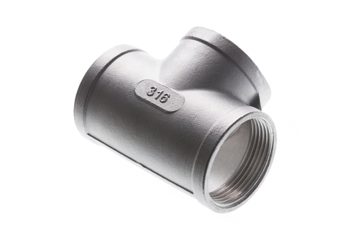 A stainless steel 316 tee pipe fitting stamped to indicate its steel grade