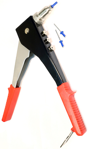 A heavy-duty lever riveter (left top), standard rivet gun (left bottom), lazy tong riveter (middle), and long nose riveter (right).