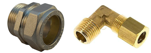 Straight (left) and elbow (right) compression fittings