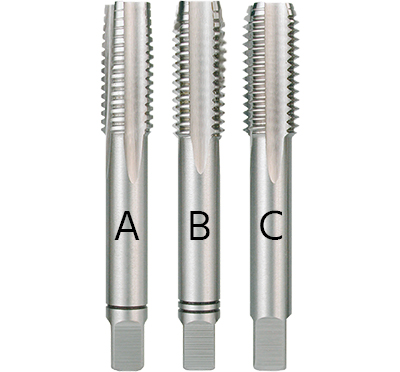 Figure 4: Taper tap: 6-8-thread chamfer (A), second tap: 4-5-thread chamfer (B), final tap (plug): 2-3-thread chamfer (C)