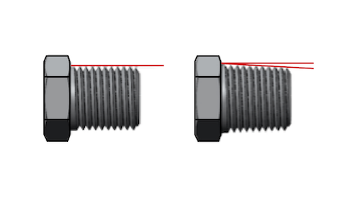 Un filetage mâle droit à diamètre principal constant (à gauche) et un filetage mâle conique à diamètre principal variable (à droite).