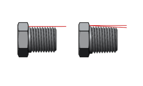 A straight male thread with constant major diameter (left) and a tapered male thread with varying major diameter (right)