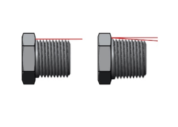 A straight male thread with a constant major diameter (left) and a tapered male thread with a varying major diameter (right)