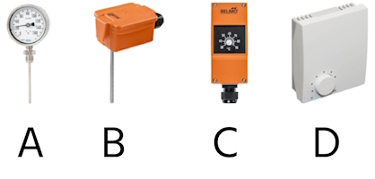 Dispositivos de control de temperatura: Termómetros bimetálicos (A), sensor de temperatura de conducto HVAC (B), interruptor de temperatura HVAC (C) y termostato manual HVAC (D)