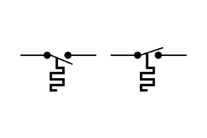 Temperaturschaltersymbol für normal offene (links) und normal geschlossene (rechts) Typen