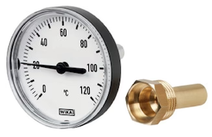 Un termómetro bimetálico y un termopozo de latón