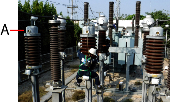 Current transformer (labeled A) in an electric substation