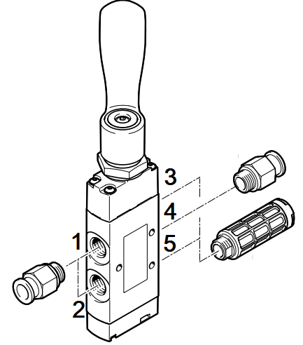 Conexiones de puertos de válvula de palanca manual Festo VHEF: puerto de suministro neumático (1), puertos de trabajo (2, 4) y puertos de escape (3, 5)
