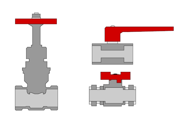 Relativer Platzbedarf für verschiedene Ventiltypen mit Griffen. Ein Handradventil (links), ein Ventil mit verlängertem Hebelgriff (oben rechts) und ein Kugelhahn mit Schmetterlingsgriff (unten rechts).