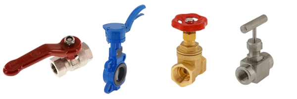 Lever handles are used with ball and butterfly valves (two left valves), and handwheels are used with gate and needle valves (two right valves).