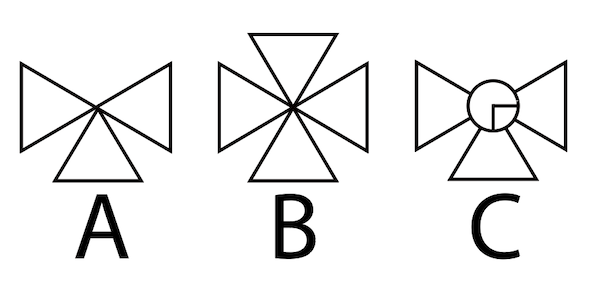 Vanne à trois voies (A), vanne à quatre voies (B), vanne à trois voies avec raccord en T Symbole de vanne-3-4 voies.png