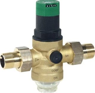 A brass water pressure regulator with a port connection for a pressure gauge.