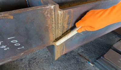Un cepillo de alambre de soldadura limpiando la superficie después de un trabajo de soldadura.